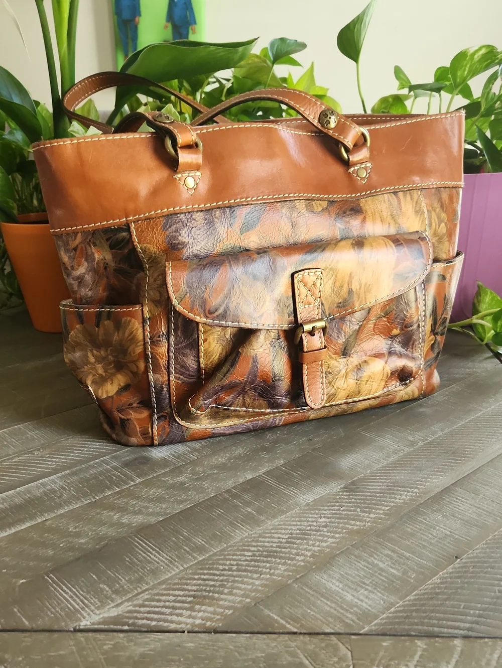 Patricia Nash Bolsena Tote in English Mums Dark Floral Leather